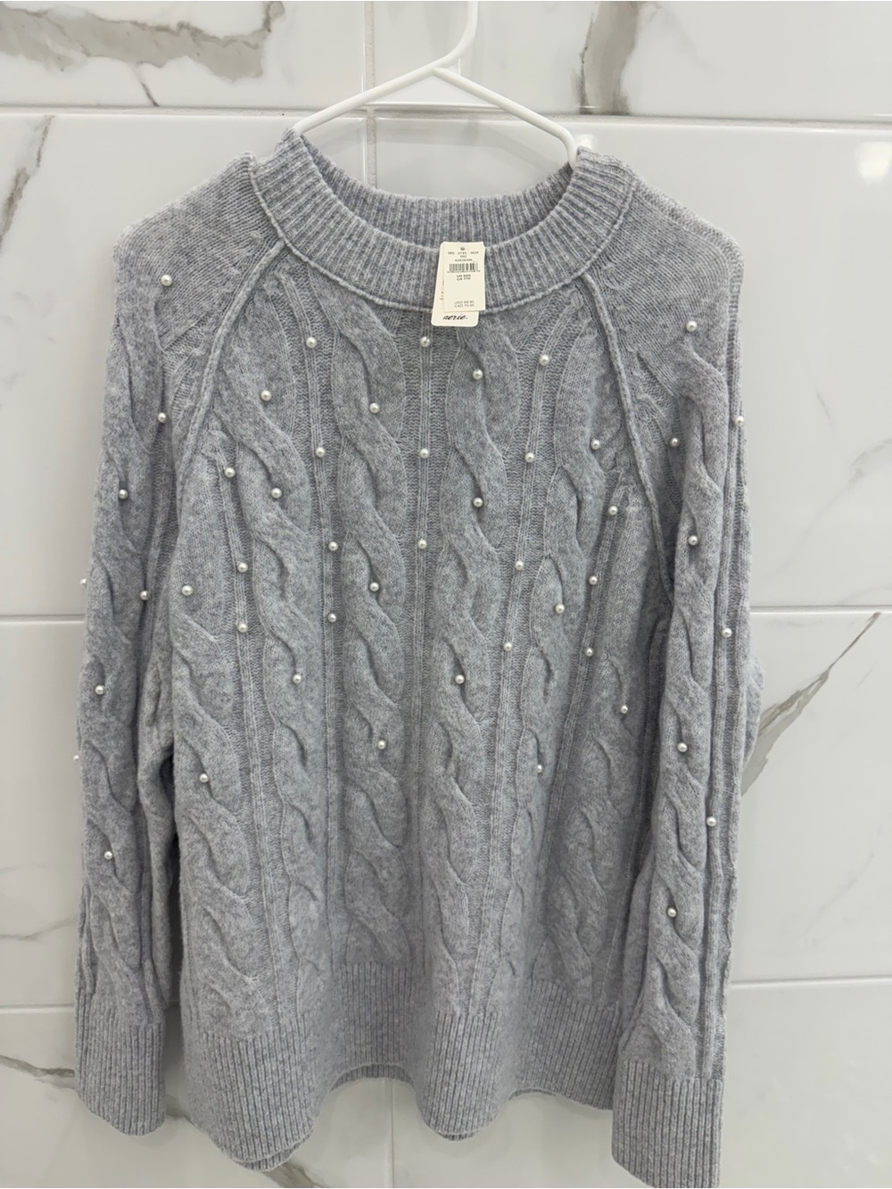 aerie Gray Cable Knit Pearl-Embellished Crew Sweater